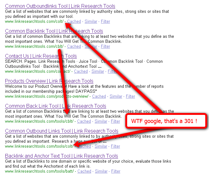 showing google the 301s with red-arrows LinkResearchTools.com help Google find it's 301s again ...