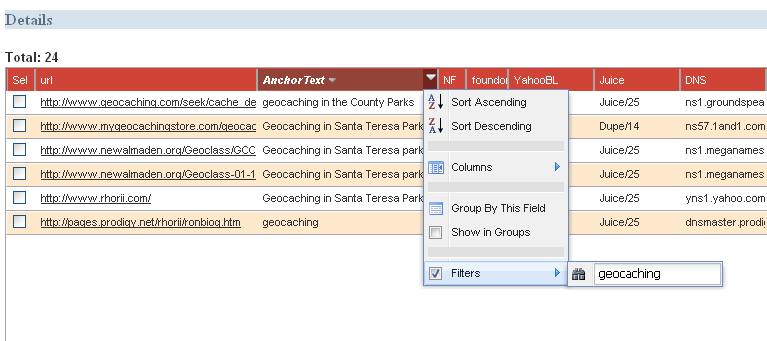 Anchortext Filter Using the filter to sort the Anchor Text