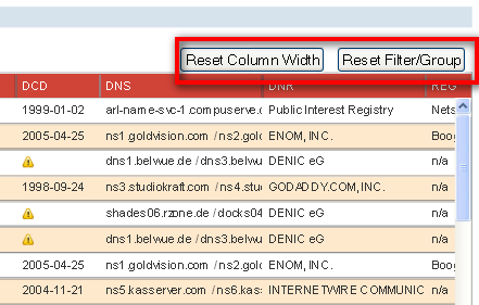 Reset Column Width and Reset Filter/Group Buttons