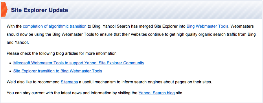 Yahoo Site Explorer Offline per Nov 21 2011 Yahoo Site Explorer Offline per Nov 21 2011
