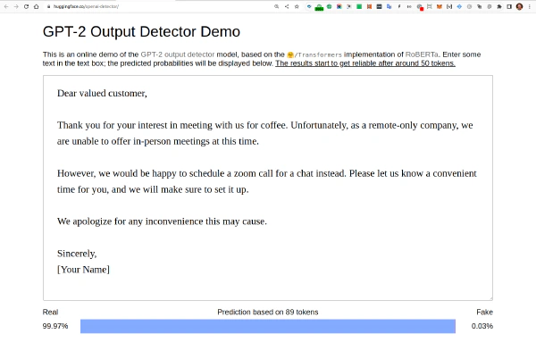OpenAI GPT2 Content Detector on Huggingface fails