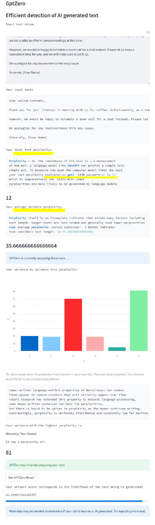 screenshot of the first gptzero tests on 2023-01-04