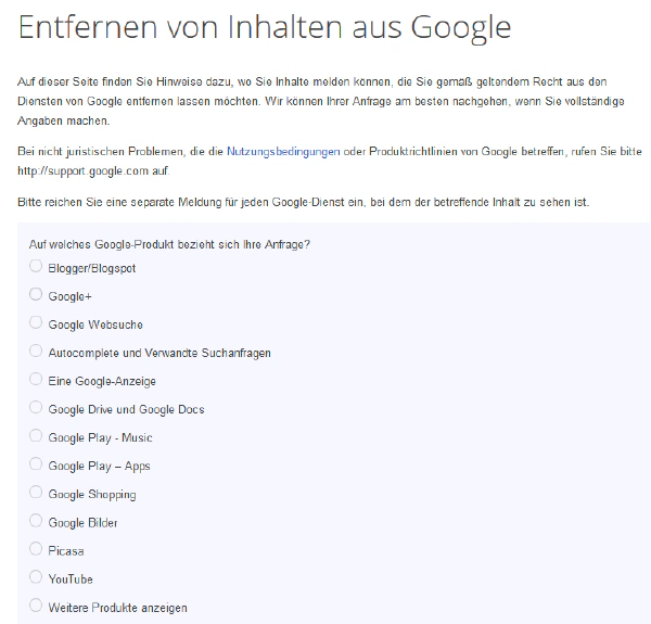 Entfernen von Inhalten aus Google