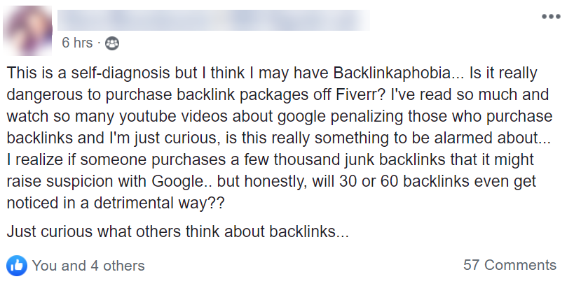 example of Backlinkaphobia in a large SEO Facebook Group