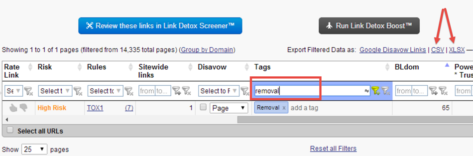 link detox filtering by tags