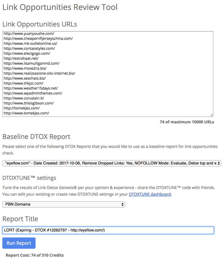Link Opportunities Review Tool (LORT) Settings