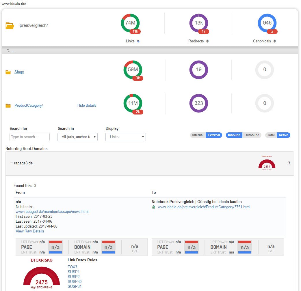 Link Explorer (LEX) - Referring Root domains DTOXRISK and LRT Power*Trust details